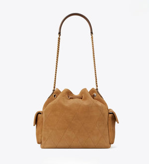 CHARLIE QUILTED SUEDE DRAWSTRING SHOULDER BAG