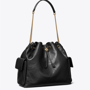 Tory Burch Large CHARLIE QUILTED DRAWSTRING SHOULDER BAG Black