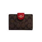 Coach Medium Corner Zip Wallet In Signature Canvas Gold/Khaki/1941 Red