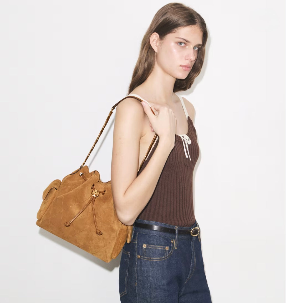 CHARLIE QUILTED SUEDE DRAWSTRING SHOULDER BAG