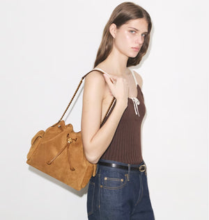 CHARLIE QUILTED SUEDE DRAWSTRING SHOULDER BAG