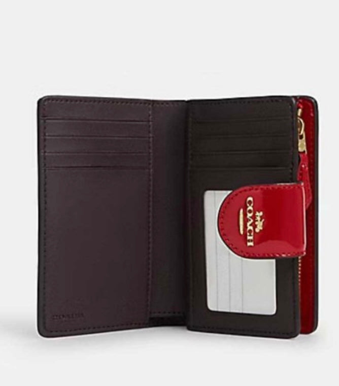 Coach Women's Red Signature Patent Leather Medium Corner Zip Wallet