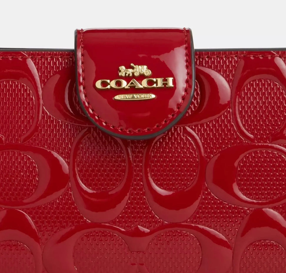 Coach Women's Red Signature Patent Leather Medium Corner Zip Wallet