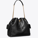 Tory Burch Large CHARLIE QUILTED DRAWSTRING SHOULDER BAG Black