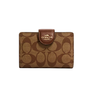Coach Medium Corner Zip Wallet In Signature Canvas Gold/Khaki/Saddle