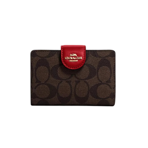 Coach Medium Corner Zip Wallet In Signature Canvas Gold/Khaki/1941 Red