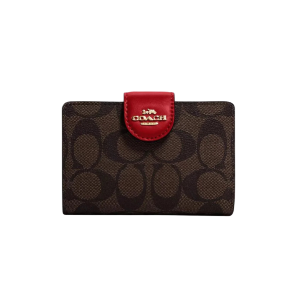 Coach Medium Corner Zip Wallet In Signature Canvas Gold/Khaki/1941 Red