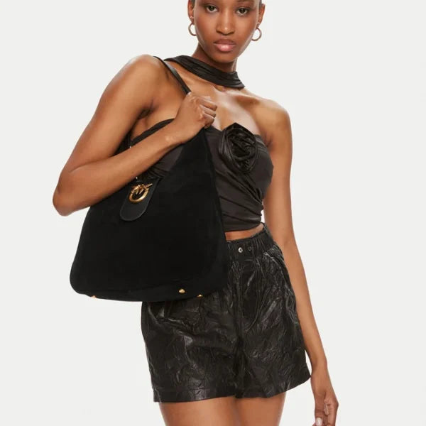 PINKO Mini Hobo Suede Bag Black - Image 5